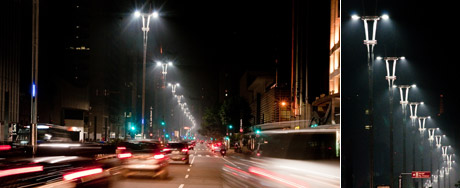  Dois ângulos da
iluminação da Avenida Paulista após a troca para as novas lâmpadas e postes de
LED da Philips de 113 W. A AES Eletropaulo é a empresa responsável pela
distribuição de energia e junto com o Ilume (Departamento de Iluminação
Pública), órgão da prefeitura, assumiram os custos que atingiu a soma de
R$ 11 milhões.
