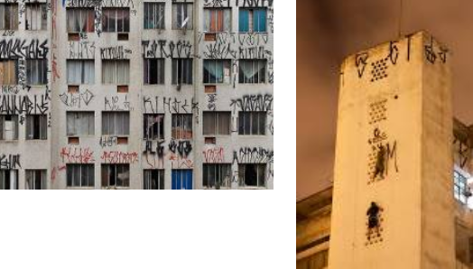 Duas panorâmicas do pixo
em São Paulo, sendo que na segunda mostra-se também o risco de vida do ato de
pixar ao mesmo tempo que assinala a aventura que impulsiona os pixadores na
escolha de lugares para provar os seus valores de paulistanos que, com a sua
força viva, fincam a bandeira de sua luta para ser vista como emblema de suas
condições de vida. Reconfigurações dos
valores do município, o pixo ganha visibilidade como reescritura de sua
bandeira e emblema que inova na articulação dos mesmos valores.