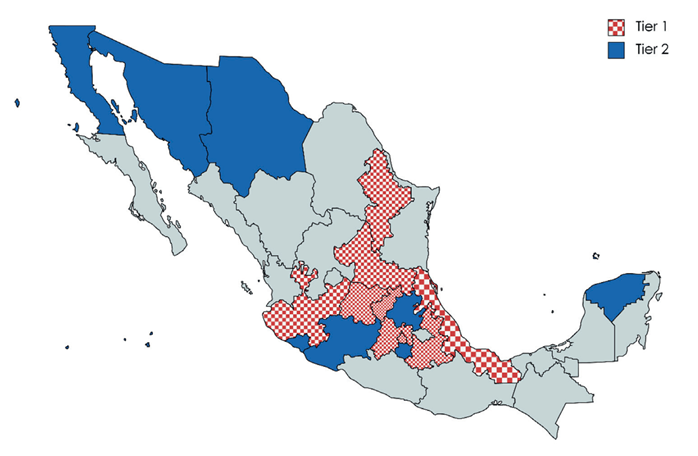 México. Distribución territorial de las universidades tier-1 y tier-2