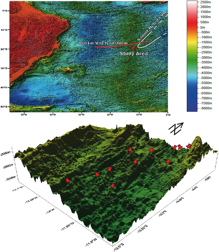 Up: Location (red star) of the study area in the South Mid-Atlantic Ridge; Down: multi-beam image of the South Mid-Atlantic Ridge at 19°S and sampling sites (red caps).