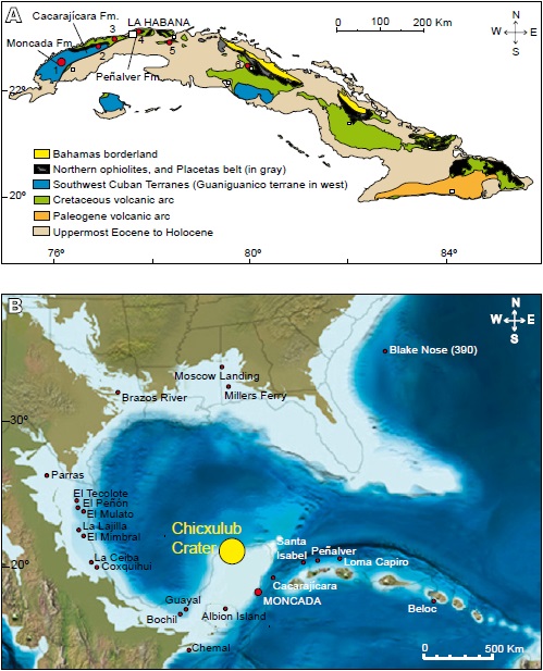 A) Geologic structure and subdivision of tectonic units in Cuba, and location of the most significant K/Pg sections and related formations. 1: Moncada, 2: Cacarajícara, 3: Santa Isabel, 4: Peñalver, 5: Cidra, and 6: Loma Capiro; B) Paleogeographic reconstruction of Gulf of Mexico and the Caribbean region during the K/Pg transition (modified from Blakey, 2011), and locations of some of the main K/ Pg sections in these regions, foregrounding the Cuban sections with larger letters.