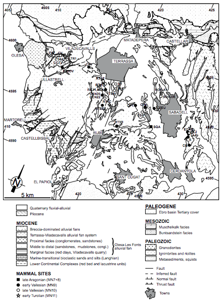 Detailed geological map of the western Vall&egrave;s sector (see Fig. 1) showing the position of the main mammal sites (modified after Garc&eacute;s et al., 1996). For locality acronyms see Electronic Appendix I, available at www.geologica-acta.com.