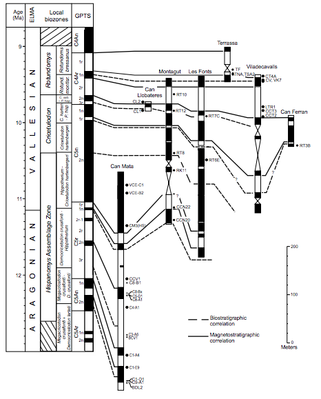 Correlation of the key local magnetostratigraphical sections of the Vall&egrave;s-Pened&egrave;s Basin to the Geomagnetic Polarity Time Scale (GPTS). The European Land Mammal Ages (ELMA) and local biozones of the Vall&egrave;s-Pened&egrave;s are also indicated. We have indicated some of the major sites in the Can Mata composite section. For locality acronyms see Electronic Appendix I. Neogene time scale and boundaries after Hilgen et al. (2012). GPTS after Ogg (2012).