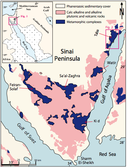 Geological map of Sinai (modified after Eyal et al., 1980) with inset of ANS. Location of the study area displayed in Figure 2 is marked.