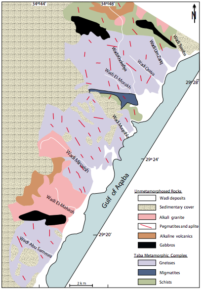 Geologic map of Taba area in southeast Sinai, Egypt (modified after Khalil et al., 2015). See Figure 1 for location.