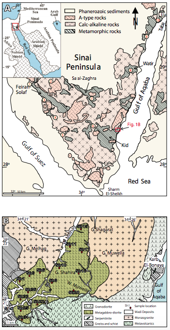 A) Geological map of southern Sinai, Egypt (modified after Eyal et al., 1980) with inset of the Arabian-Nubian Shield (ANS), location of Figure 1B and major late Neoproterozoic gabbroic intrusions in southern Sinai are indicated: 1) Nasrin, 2) Imleih, 3) Rimm, 4) Hibran-Mi,ar, 5) Imlaha, 6) Sheikh El-Arab, 7) Sa’al-Zaghra, 8) Nakhil, 9) El-Mahash and 10) Tweiba areas; and B) Simplified geological map of Gabal Shahira area, south Sinai (modified after Madbouly, 2000).