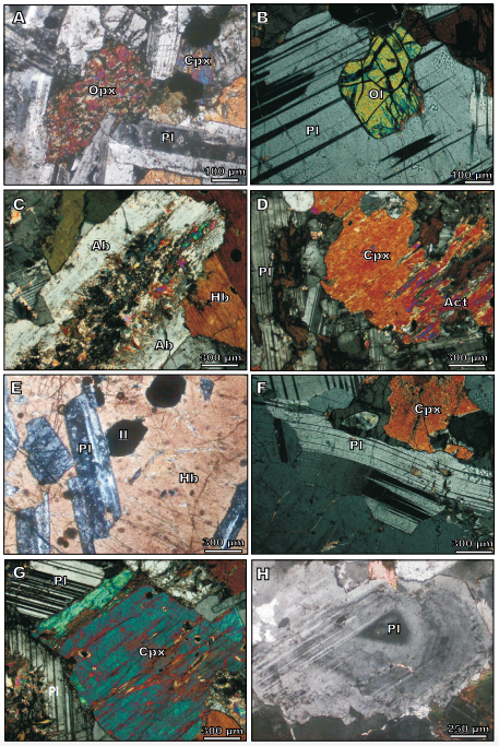Microphotographs of the Shahira Layered Mafic Intrusion (SLMI). A) Orthopyroxene and clinopyroxene in the fine-grained gabbro, B) olivine crystal enclosed within plagioclase in the fine-grained gabbro, C) saussuritized plagioclase replaced by albite and epidote in the pyroxenehornblende gabbro, D) secondary amphibole (actinolite) replacing clinopyroxene in the pyroxene-hornblende gabbro, E) hornblende showing numerous inclusions of plagioclase laths and ilmenite, resulting in the poikilitic texture of the pyroxene-hornblende gabbro, F) deformed crystal of plagioclase with kink bands in the hornblende gabbro, G) subhedral clinopyroxene crystal in the hornblende gabbro, and H) oscillatory zoning in the plagioclase crystal of the diorite. Mineral abbreviations are: Ol= olivine, Cpx= clinopyroxene, Opx= orthopyroxene, Hb= hornblende, Act= actinolite, Il= ilmenite, Pl= plagioclase and Ab= albite.