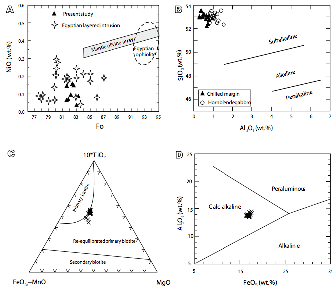 A) Variation of NiO (wt.%) and Fo content in the olivines of the SLMI. The field of mantle olivine array is adopted from Takahashi et al. (1987), whereas the fields of the Egyptian ophiolite and layered mafic intrusions draw based on the published data (Abd El-Rahman et al., 2012; Ahmed, 2013; Ahmed et al., 2008; Essawy et al., 1997; Khedr and Arai, 2013; Khudeir, 1995a, b). B) SiO2-Al2O3 discrimination diagram of clinopyroxenes in the gabbroic samples (Le Bas, 1962). C) TiO2-(FeO(t) +MnO)-MgO ternary diagram for the biotite of Shahira quartz-diorite (Nachit et al., 2005). D) FeO(t) vs. Al2O3 biotite discriminant diagram for the analyzed biotites (Abdel-Rahman, 1994).