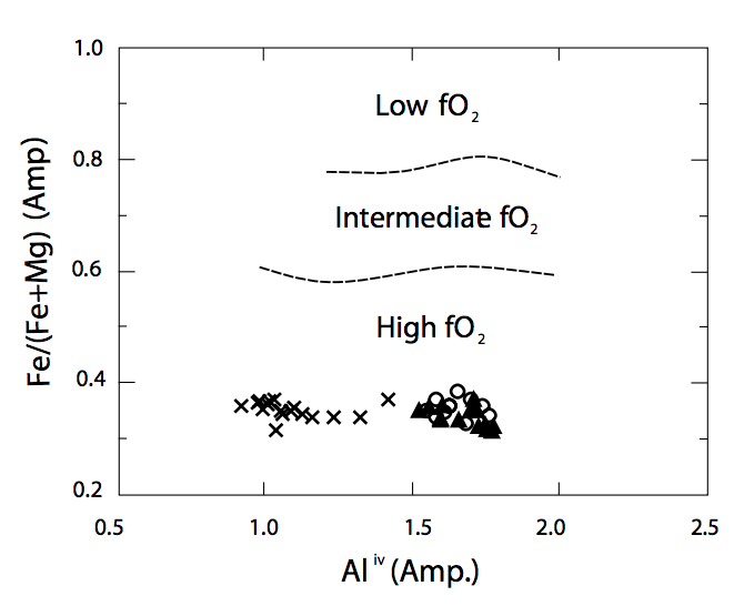 Fe(t)/(Fe(t)+Mg) vs. AIV diagram of the primary amphiboles (Anderson and Smith, 1995). Symbols are as in Figure 4.