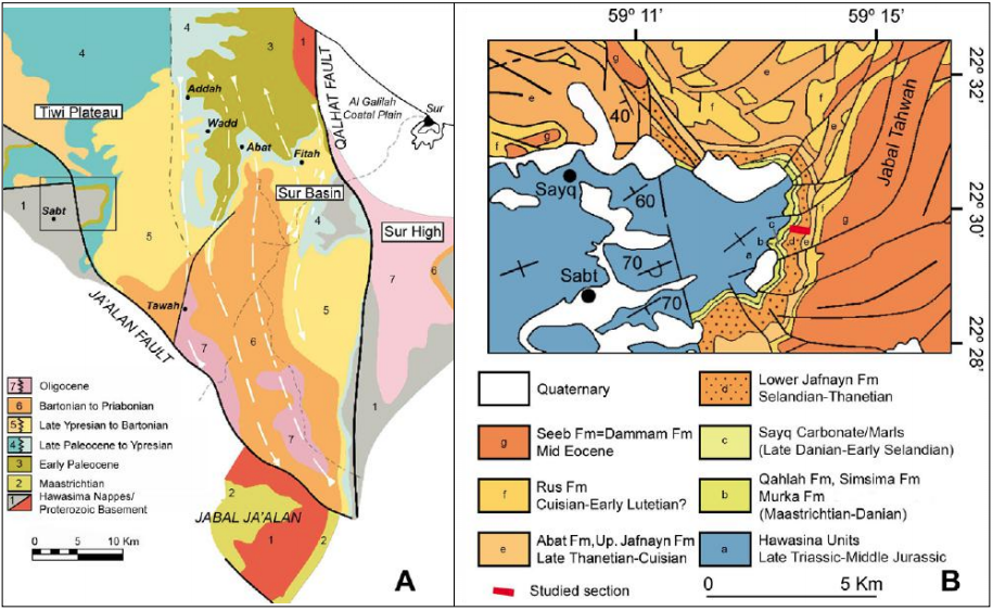 A) Geological map of the region of Sur. B) Detailed geological map of the Sayq area and location of studied section.