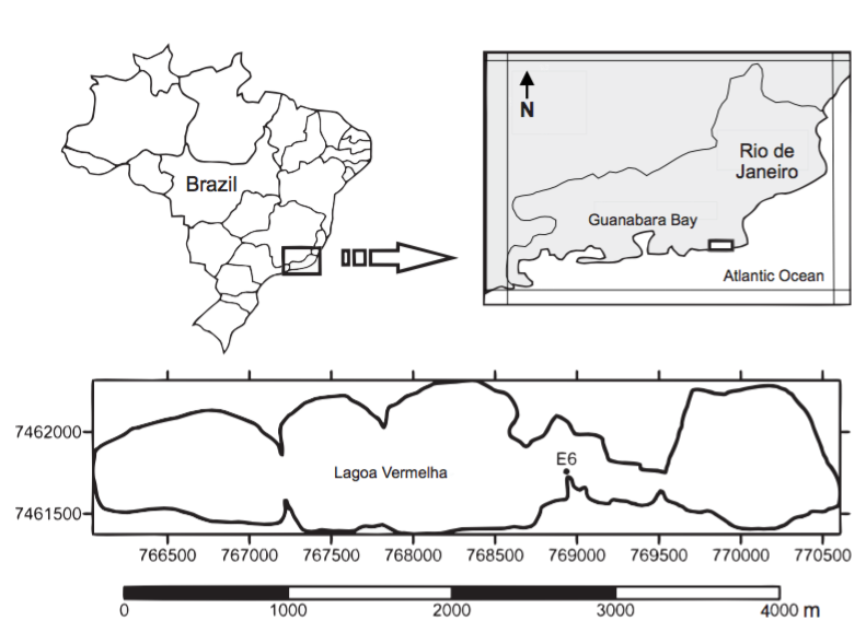 Location of Lagoa Vermelha on the southeastern coast of the state of Rio de Janeiro, Brazil (sampling point, E6 is also depicted)