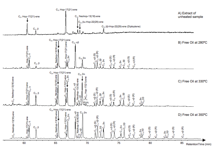 Mass chromatogram of hopanoids (m/z 191) in the A) extractable Organic Matter (OM) of unheated sample and B) free oils obtained at 280ºC, C) 330ºC and D) 350ºC, respectively. ββ, βα and αβ designate configurations at C-17 and C-21 in hopanes; (S) and (R) designate configuration at C-22 in hopanes.