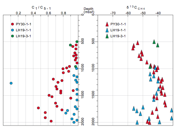 Geochemical analyses of C1/C1-5 and δ13CCH4 from the industrial boreholes (PY30-1-1, LH19-1-1and LH19-3-1) near the Shenhu area illustrated that thermogenic gases/fluids may have migrated upwards into shallow strata with a depth of less than 1500m. The locations of boreholes were marked on Figure 1A.