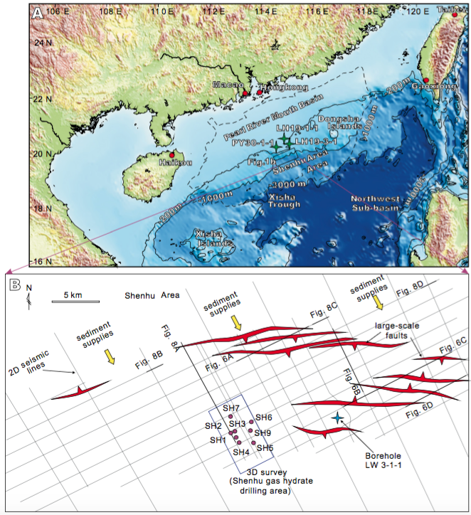 A) Shaded relief map of south China, showing the seafloor bathymetry of the northern continental slope of the South China Sea, and the locations of the Pearl River Mouth Basin (black dotted line) and the Shenhu area (black rectangle).Industrial boreholes used to analyze the contribution of thermogenic methane were displayed as green solid stars. B) Locations of the 2D seismic lines and 3D seismic survey used in this study. The violet rectangle highlighted the Shenhu gas hydrate drilling area, with the drill sites shown (circles). The nearby deep-water borehole LW3- 1-1 (blue star) was also highlighted. Large-scale faults were shown in red. Yellow arrows marked the supposed sediment supplies from the North.