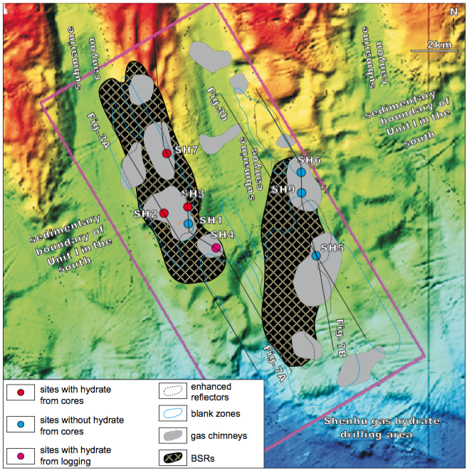 Topographic map of the gas hydrate drilling area showing the locations of the eight sites (pink rectangle). The distributions of BSRs, enhanced reflectors, blank zones and gas chimneys were illustrated. The orange dotted line marked the inferred sedimentary boundary of Unit I in the south. BSRs: bottom-simulating reflectors.