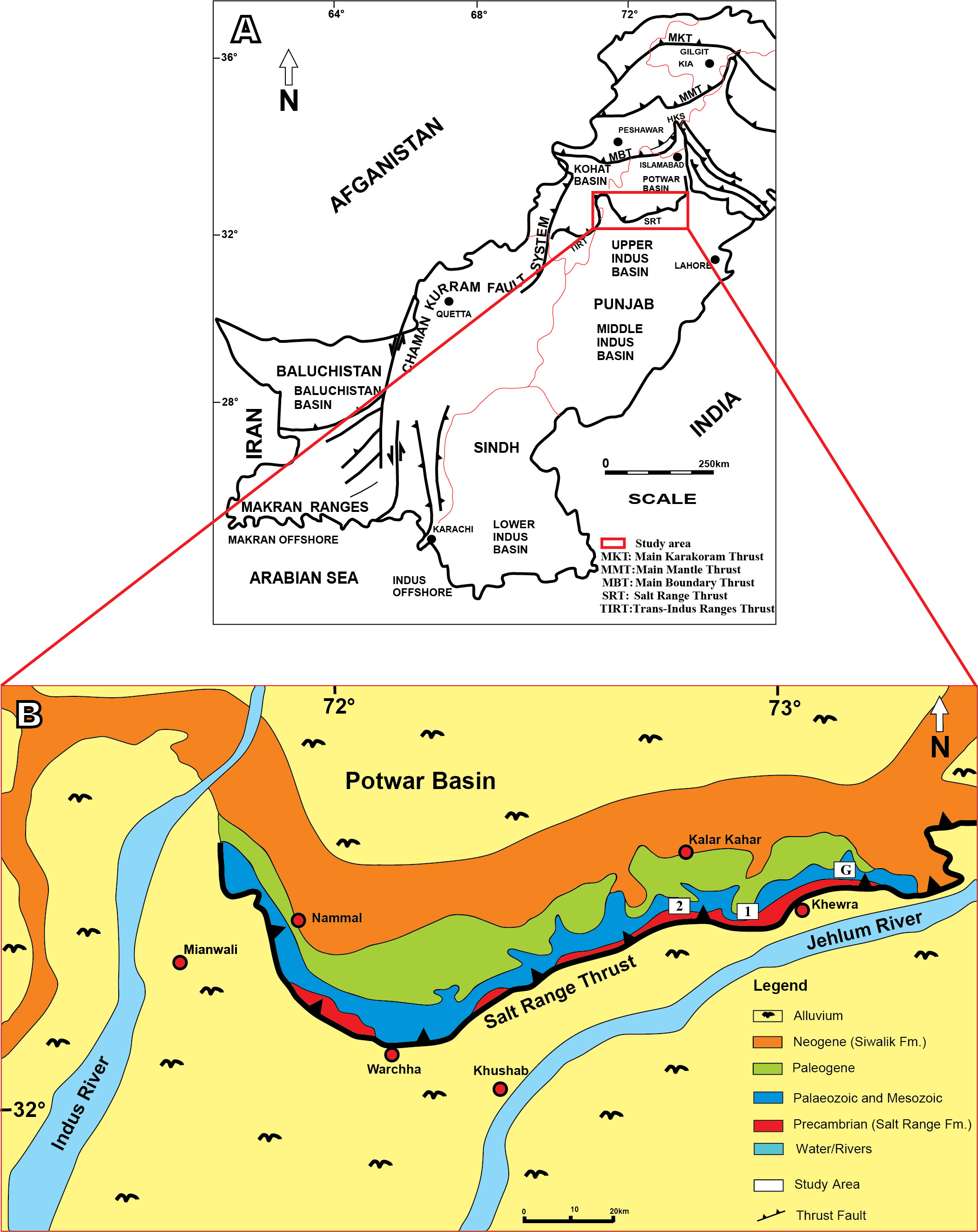 A) Tectonic map of Pakistan showing the location of Salt Range (red box)