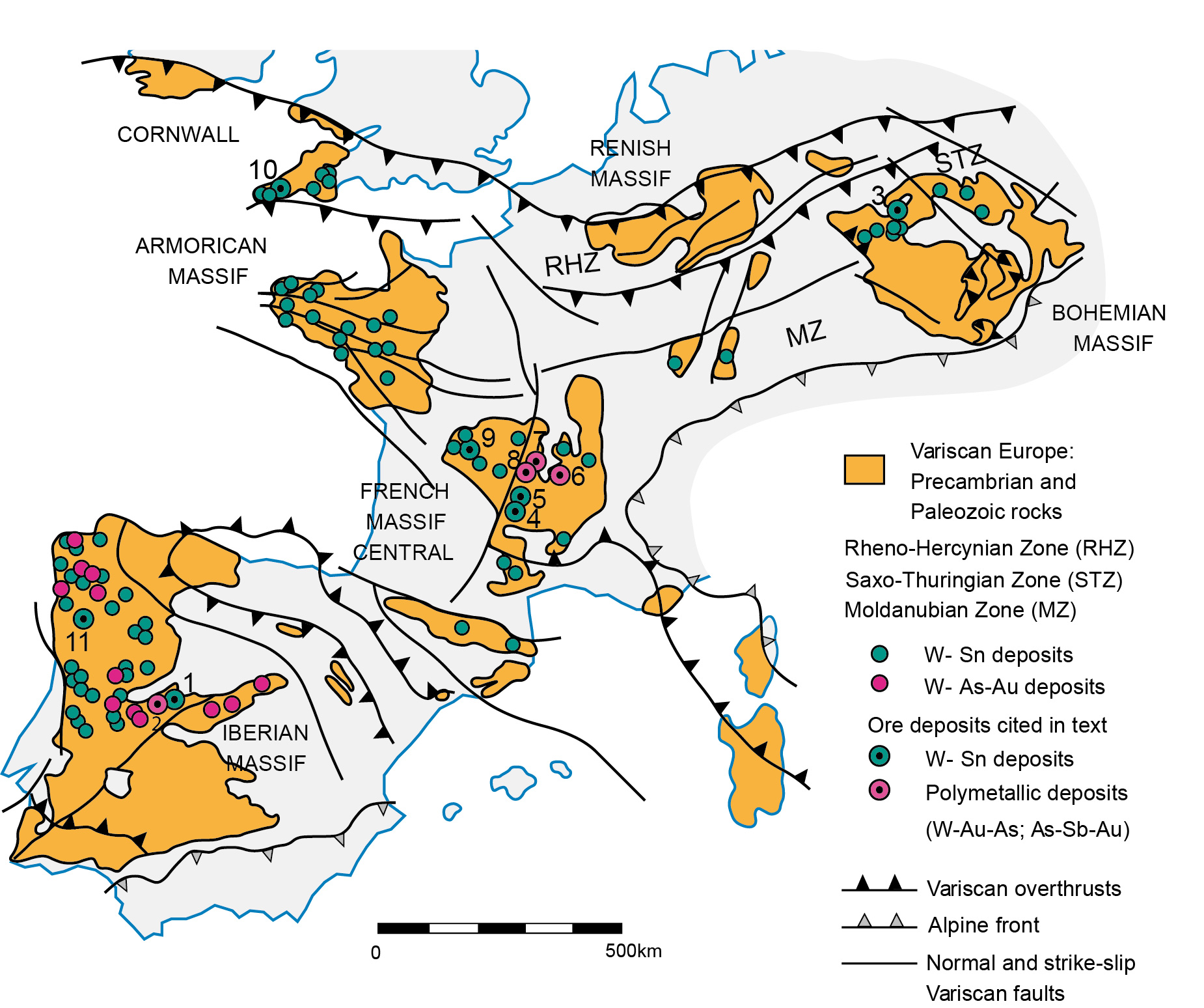 Map of the Variscan belt in central and western Europe (modified from Dez-Montes, 2007) and major W-Sn and some polymetallic deposits