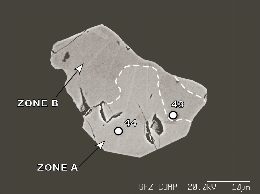 Backscattered  electron  image  of  a  large  uraninite  grain showing two distinct zones