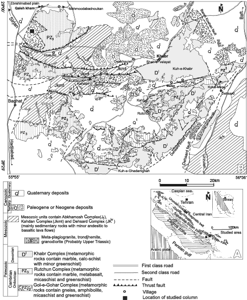 A) Geological situation of the study area in Iran (Mohajjel and Fergusson, 2000). B) Simplified geological map of the study area(Sabzehei et al., 1997b) showing the location of the stratigraphic column in Figure 3.