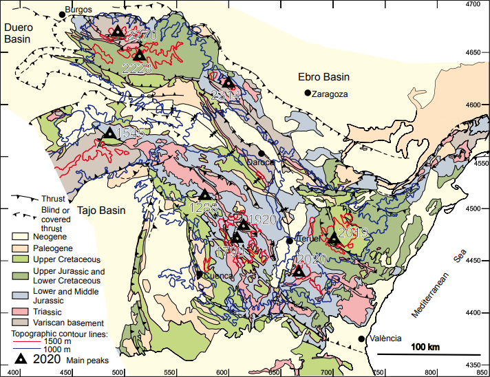 Main topographic features of the Iberian Chain superimposed to the simplified geological map.