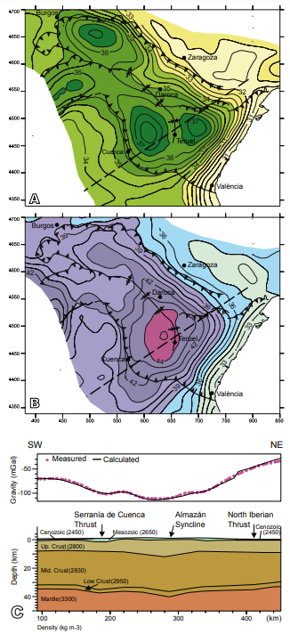 Crustal structure of the Iberian chain. A) Airy Moho depth map (in km, contour interval is 0.5km) obtained from the topography and B) Moho depth map (in km, contour interval is 1km) derived from the Bouguer anomaly map. UTM coordinates (30T, ED50) and the major thrusts are shown. Both maps are modified after Guimer&agrave; et al. (2016). C) Two-dimensional density model across the Iberian Chain, modified after Guimer&agrave; et al. (2016). For location see A and B.