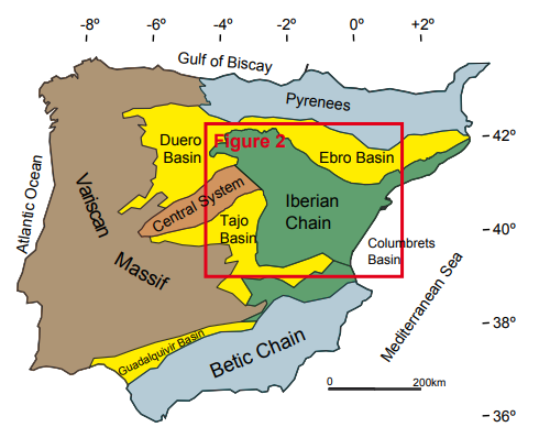 Major geological units of the Iberian Peninsula. Location of the study area (Fig. 2) is shown.
