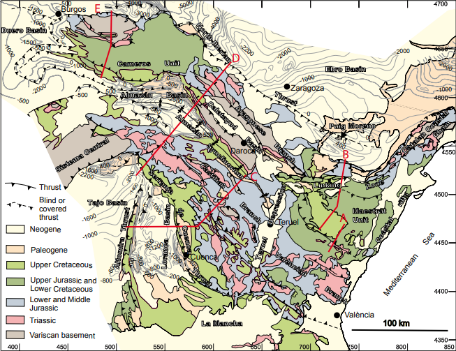Simplified geological map of the Iberian Chain and surrounding Cenozoic basins showing the major tectonic structures and the geological units mentioned in the paper. Contour lines of the carbonatic Upper Cretaceous top (Duero and Almaz&aacute;n), the Cenozoic base (Ebro) and of the base of the Upper Albian Utrillas Formation (Tajo) are shown in the syn-orogenic basins. Contour lines of the Ebro, Duero and Tajo basins are from Instituto Teconol&oacute;gico Geominero de Espa&ntilde;a (1990). Contour lines of the Almaz&aacute;n Basin are from Casas-Sainz et al. (2000). Location of geological cross-sections (A to E) of Figure 3 and the UTM coordinates in km (30T, ED50) are also shown.