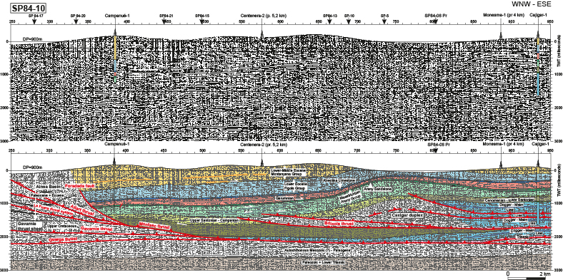 Strike seismic line SP84-10 across the eastern part of the Gavarnie thrust sheet and the western edges of the Montsec and Bixols thrust sheets. See Figure 2 and 8 for location.