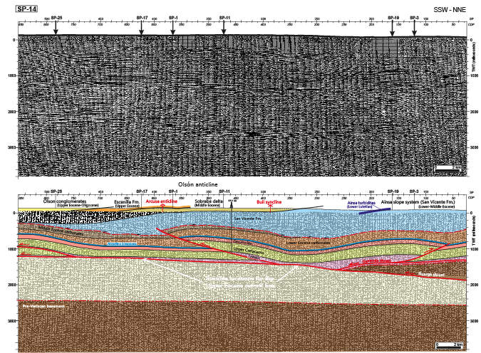 Seismic line SP14 in the Ainsa Basin. The two options for the location of the cut-off line of the Upper Eocene sediments have been depicted. See Figure 2 for location.