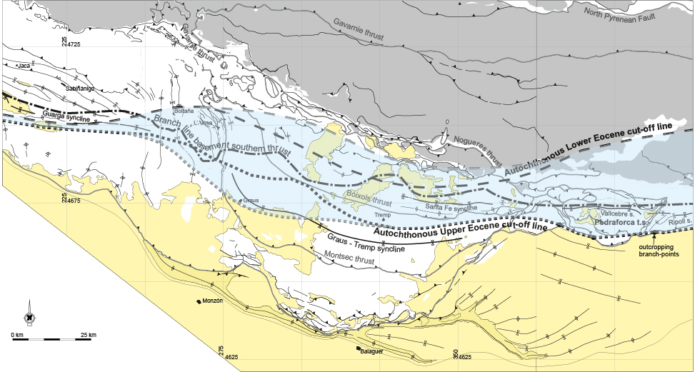 Structural map with the structural lines resulted from the interpretation of the available seismic data in the South-Central-Pyrenees. The mapped lines are the branch line between the lowermost basement-involved thrust sheet and the Pyrenean sole thrust (leading edge of the basement thrust sheets), and the cut-off lines between this thrust and the Upper Eocene Cardona Fm. (or stratigraphic equivalents) and the lower Eocene carbonates. Two possible end-members have been depicted for each cut-off line and the area between them outlined in transparent blue.