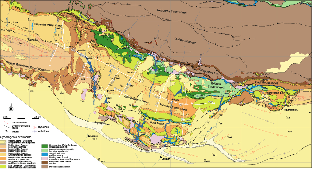 Structural map of the South-Central Pyrenees and location of the seismic and well data.