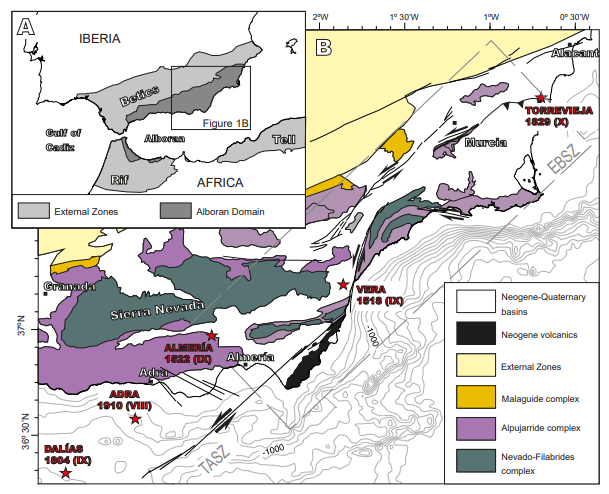 A) Map of the westernmost Mediterranean with the main Neogene onshore contractional ranges; B) Simplified geological map of the eastern Betics with the main structural units and the location of the Eastern Betic Shear Zone (EBSZ, within a dashed rectangle) and Trans-Alboran Shear Zone (TASZ). Red stars indicate the epicentral location of the historical largest earthquakes with its year and intensity value (Mezcua et al., 2013). Thin grey isolines in the offshore area indicate the bathimetry in meters.