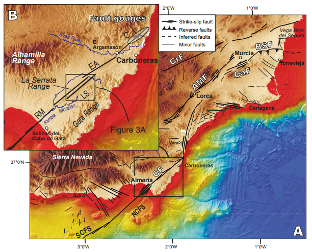 A) Topographic and bathymetric map of the Eastern Betic Shear Zone with indication of the main active faults. From North to South: AMF: Alhama de Murcia Fault; BSF: Bajo Segura Fault; CaF: Carrascoy Fault; CFZ: Carboneras Fault Zone; CrF: Crevillente Fault; PF: Palomares Fault. The CFZ offshore includes the South Carboneras Fault (SCFS) and North Carboneras Fault (NCFS) sections (Moreno et al., 2016); B) Closer view of the northeastern part of the Carboneras Fault Zone with the four sections proposed by García-Mayordomo (2005): C: Carboneras; EA: El Argamasón; LS: La Serrata; RM: Rambla Morales. The black outlined square shows the location of Figure 3A.