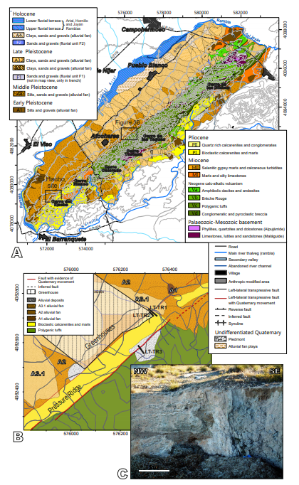 A) Geological map of La Serrata Range area (modified from Moreno et al., 2015) with the location of the Los Trances site (Fig. 3B). See map location in Figure 2B; B) Detail of the geological map at the Los Trances site with the position of studies trenches 1, 2 and 3 (LT-TR-1, LT-TR-2 and LT-TR-3); C) Photography of the fault damage zone of Trench 2 (see Fig. 4A for details on the observed structure and stratigraphy).