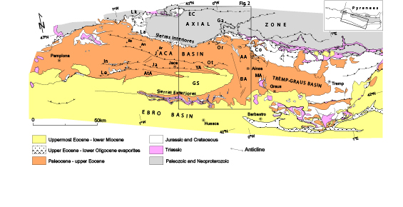 Structural map of the South-central Pyrenees indicating the location of the study area (boxed). Geological structures: AA: A�isclo Anticline; AtA: Atar�s Anticline; BA: Bolta�a Anticline; Co: Cotiella thrust; EC: Eaux-Chaudes thrust; Ga: Gavarnie thrust; GS: Guarga Syncline; In: Ill�n thrust; Ja: Jaca thrust; La: Larra thrust; Le: Leyre thrust; Lk: Lakora thrust; MA: Mediano Anticline; Or: Ordesa thrust; Ot: Oturia thrust, YA: Yebra de Basa Anticline. Towns: An: Ans�; Ar: Arag��s del Puerto; Ro: Roncal.