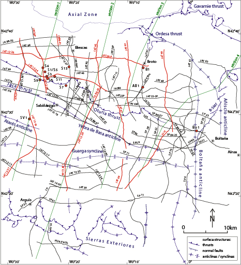 Sketch map of the eastern Jaca Basin showing the location of seismic profiles and wells used in this work. The traces of the seismic profiles interpreted in Figure 5 are indicated in red. In green are the traces of the geologic cross-sections of Figure 8. The trace of surface major structural elements is shown in blue (cf. map in Fig. 2). B-SM f: Balupor-San Marzial normal faults. Wells: AB1: Ayerbe de Broto 1; B1: Broto 1; Bo1: Bolta�a 1; S1 to 13: Serrablo1 to 13; SV1: San Vincente 1.