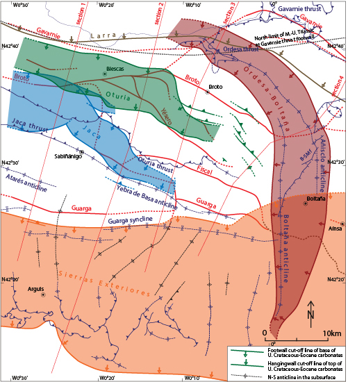 Structural map showing the cutoff lines of the main sedimentary cover thrusts of the eastern Jaca Basin, derived from seismic profile interpretation and cross-section construction. For each thrust are shown the cut-off lines at the base of the footwall ramp and at the top of the hanging wall ramp across the Upper Cretaceous to middle Eocene carbonates (hanging wall ramp only for the Larra thrust), the colored domain corresponding to the overthrust area with repetition of the carbonate unit. In black are indicated the axes of the buried N-S trending d�collement anticlines in the larger Guarga syncline. The trace of surface major structural elements is in blue (cf. map in Fig. 2) and the traces of the 4 geologic cross-sections of Figure 8 are shown. B-SM f: Balupor-San Marzial normal faults.
