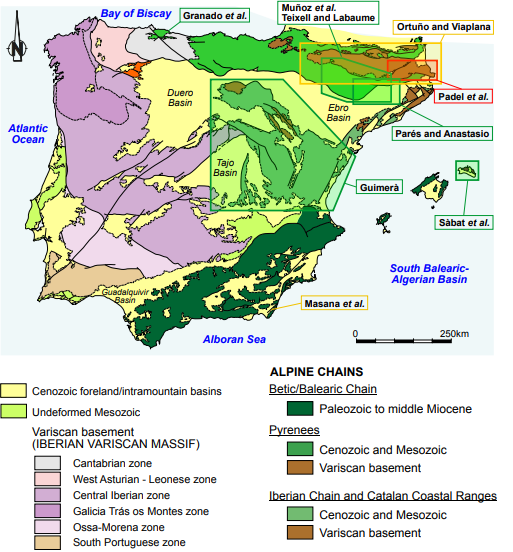 Major geological units of the Iberian Penisula and Balearic Islands with setting of the contributions to this special volume.