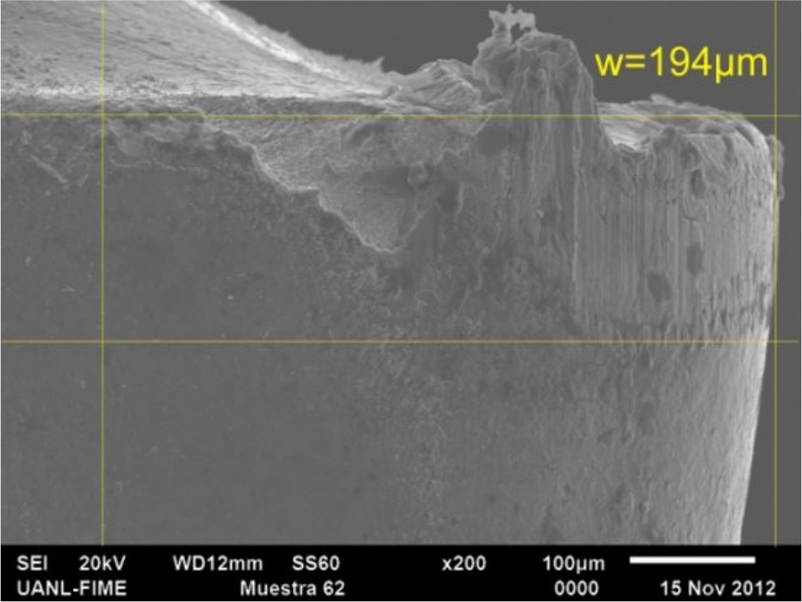 Desgaste del flanco de los insertos GC2015 para v = 450 m/min y f = 0,16 mm/rev, durante 3 min de corte.