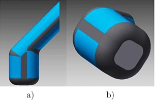 Extremidades. a) Vista frontal de las extremidades. b) Vista inferior del dise&ntilde;o 3D.