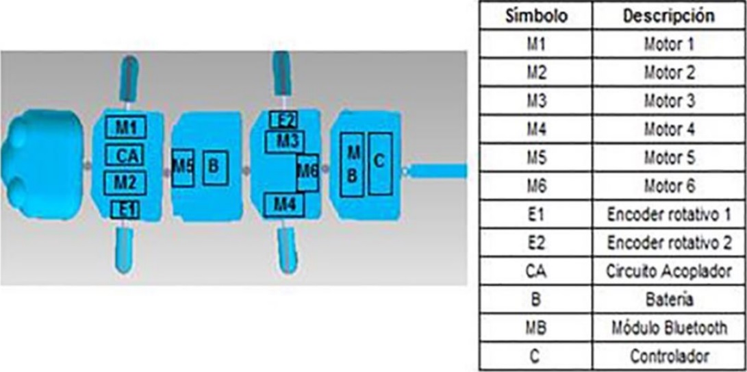Distribuci&oacute;n de elementos electr&oacute;nicos en el cuerpo del robot.