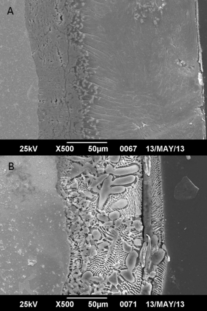 Micrograf&iacute;as por MEB de recubrimientos
  Zn-7%Al, con diferentes condiciones de enfriamiento. A) Enfriado en agua. B)
  Enfriado en el horno [13].