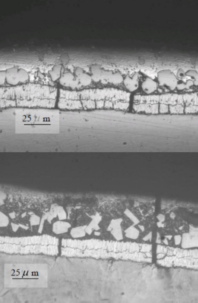 Micrograf&iacute;a &oacute;ptica de recubrimientos galvanizados con
  diferentes composiciones qu&iacute;micas, se muestran las grietas producto del
  ensayo de flexi&oacute;n [20].