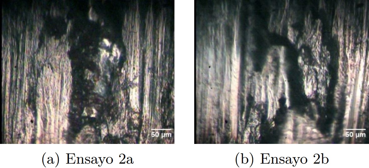 Micrograf&iacute;as obtenidas por
  microscop&iacute;a &oacute;ptica a 200x de la huella de desgaste del experimento 2 del acero
  AISI 304.