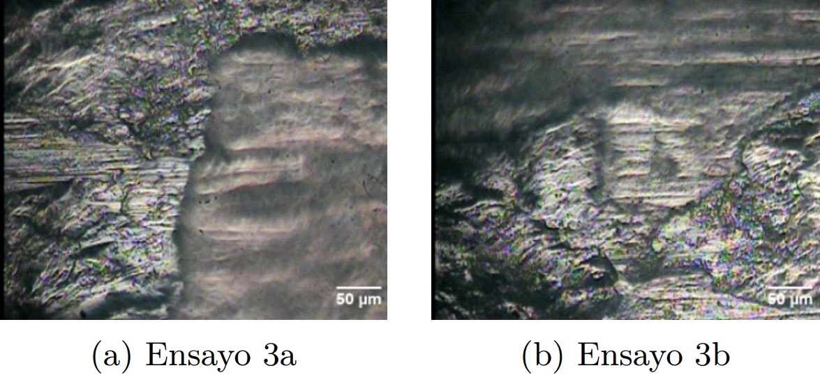 Micrograf&iacute;as obtenidas por
  microscop&iacute;a &oacute;ptica a 200x de la huella de desgaste del experimento 3 del
  acero AISI 304.