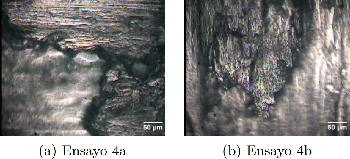 Micrograf&iacute;as obtenidas por
  microscop&iacute;a &oacute;ptica a 200x de la huella de desgaste del experimento 4 del
  acero AISI 304.