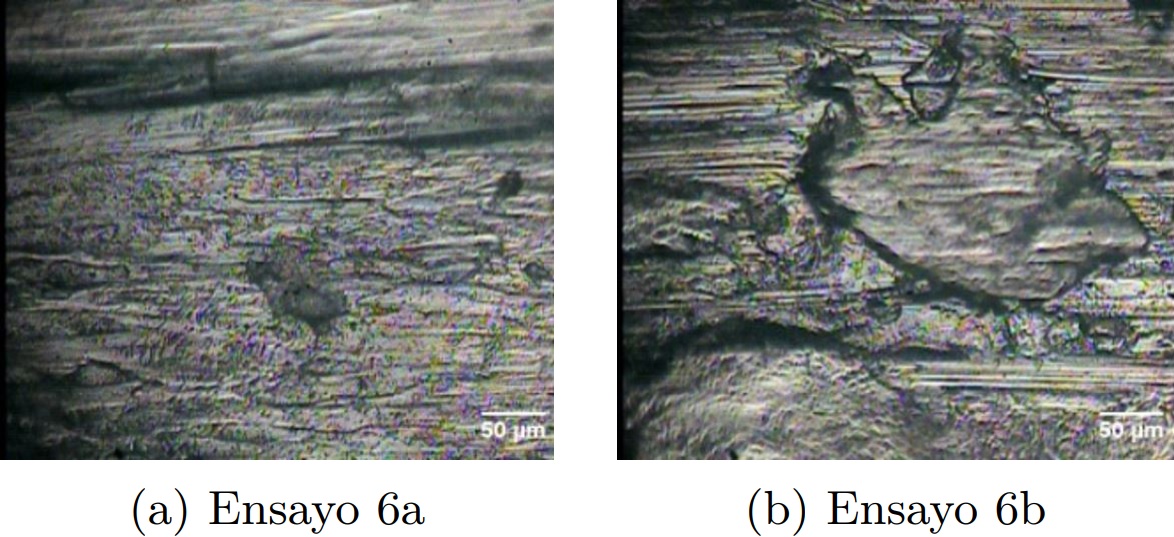 Micrograf&iacute;as obtenidas por
  microscop&iacute;a &oacute;ptica a 200x de la huella de desgaste del experimento 6 del
  acero AISI 304.