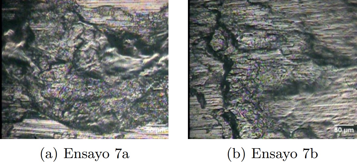 Micrograf&iacute;as obtenidas por
  microscop&iacute;a &oacute;ptica a 200x de la huella de desgaste del experimento 7 del
  acero AISI 304.