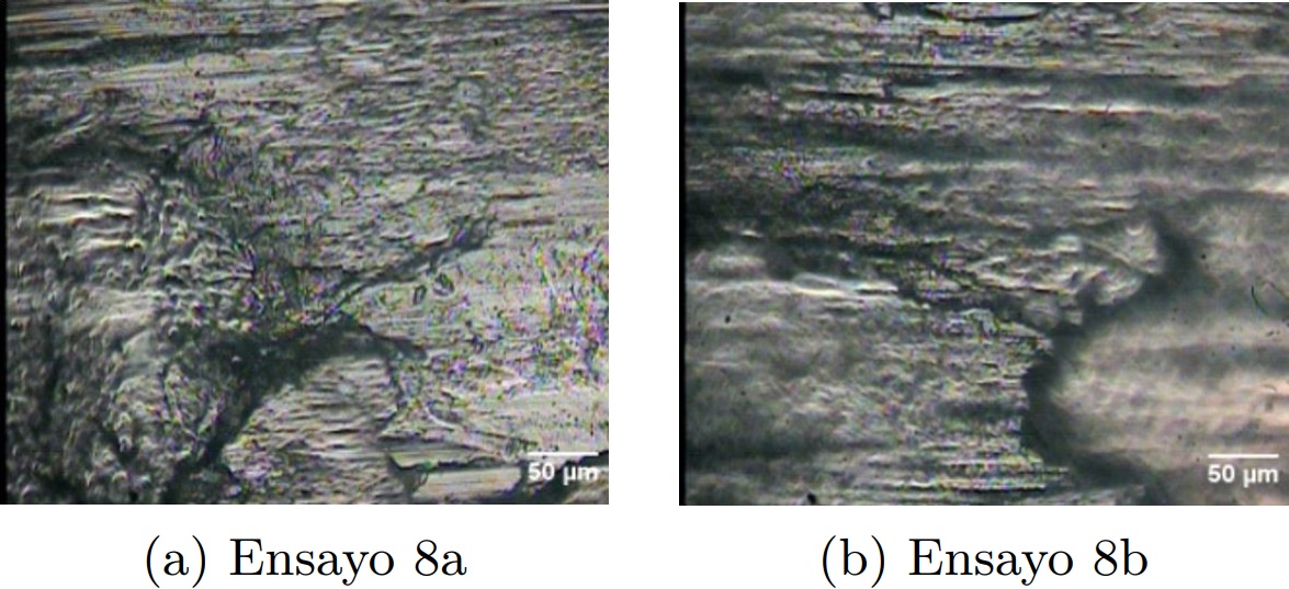 Micrograf&iacute;as obtenidas por
  microscop&iacute;a &oacute;ptica a 200x de la huella de desgaste del experimento 8 del
  acero AISI 304.