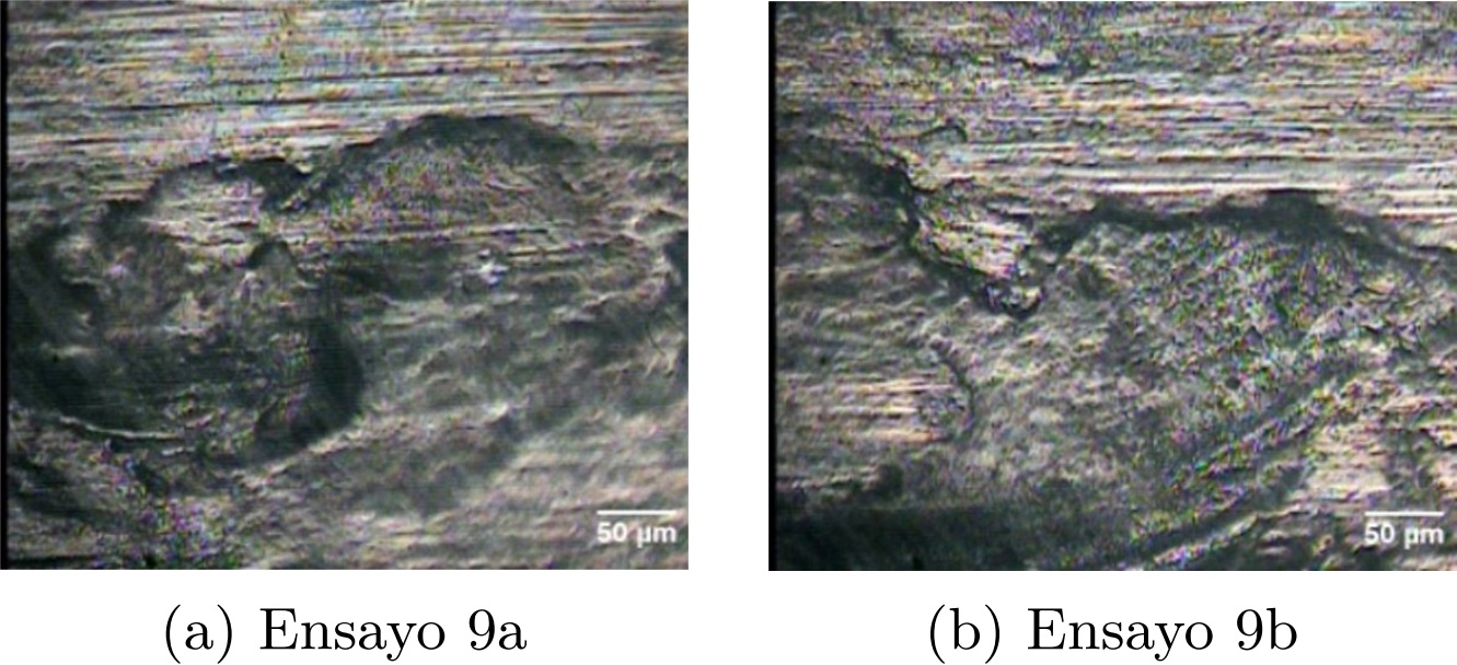 Micrograf&iacute;as obtenidas por
  microscop&iacute;a &oacute;ptica a 200x de la huella de desgaste del experimento 9 del
  acero AISI 304